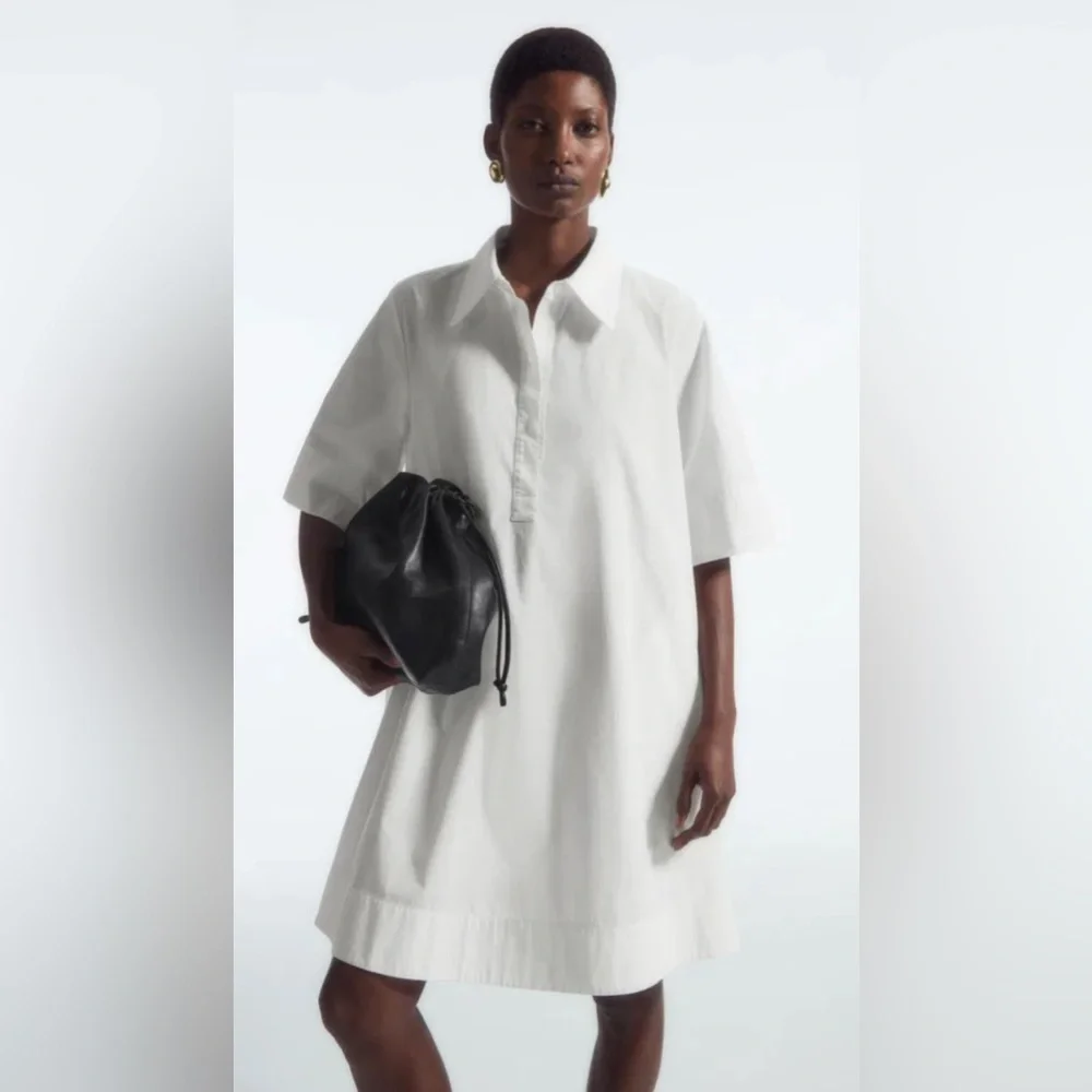 COS A-Line Mini Shirt Dress Women M White Minimalist 1/4 Button Up Cotton Summer - Picture 2 of 14